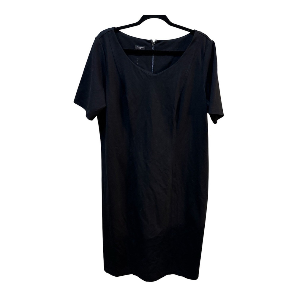Talbots Sheath Dress Black Short Sleeve Knit Stretch Zip Up V Neck Size 14W